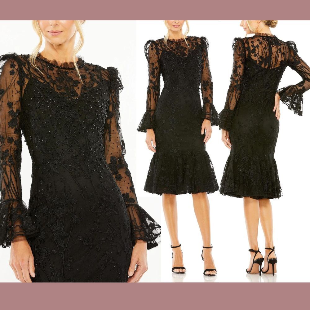 NWT MAC DUGGAL [ 14 ] 20431‎ Ruffle Wrist Embellished High Neck Midi Dress Black